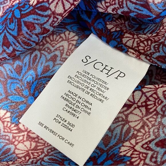 Cabi Burgundy & Blue Sleeveless Sheer Fan Blouse Women's Size Small - Picture 4 of 16